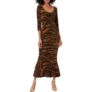 NORMA KAMALI Brown Tiger Print Scoop Neck Fishtail Stretch Jersey Dress S/36